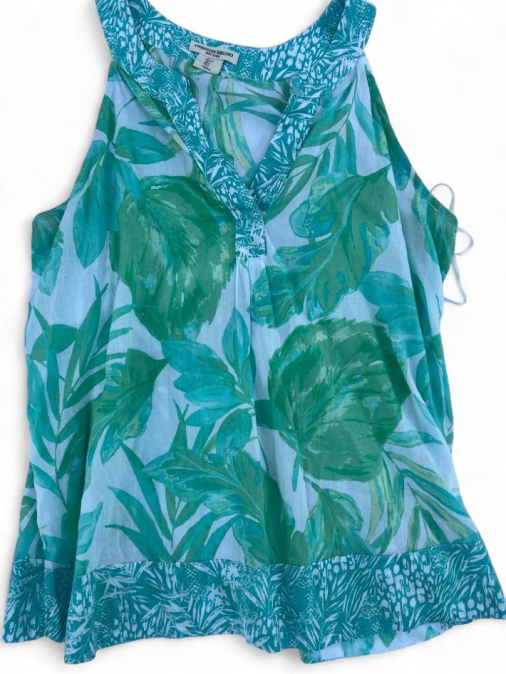 Christian Siriano - Tropical Print Tank Top - Flowy - Large - Turquoise Green
